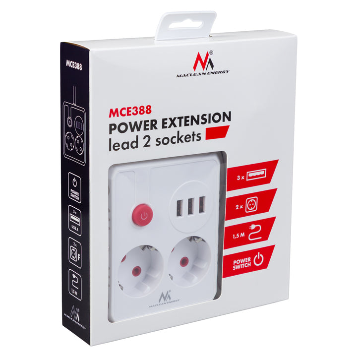 Maclean grenuttag, förlängningskabel 2 uttag + 3xUSB, 110-240V AC 50/60Hz, 2,1A max 2500W, 1,5m, vit, MCE387 W