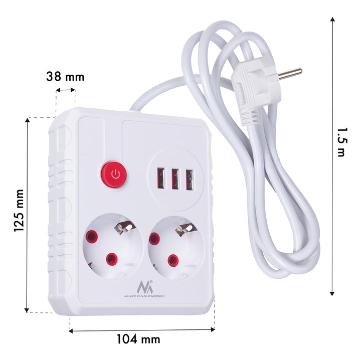 Maclean grenuttag, förlängningskabel 2 uttag + 3xUSB, 110-240V AC 50/60Hz, 2,1A max 2500W, 1,5m, vit, MCE387 W