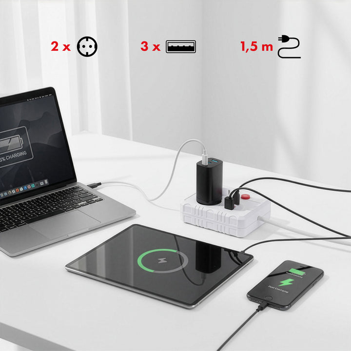 Maclean grenuttag, förlängningskabel 2 uttag + 3xUSB, 110-240V AC 50/60Hz, 2,1A max 2500W, 1,5m, vit, MCE387 W