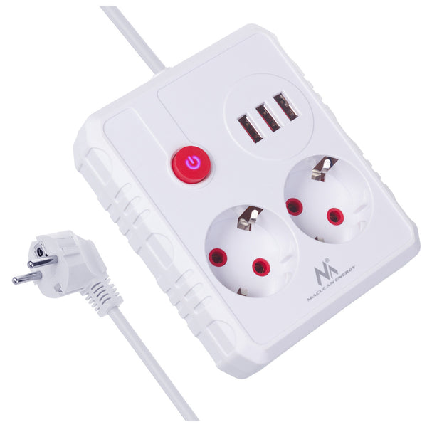 Maclean grenuttag, förlängningskabel 2 uttag + 3xUSB, 110-240V AC 50/60Hz, 2,1A max 2500W, 1,5m, vit, MCE387 W