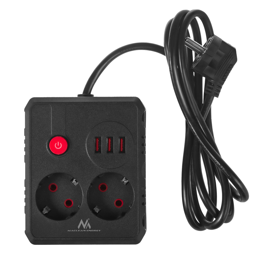 Maclean grenuttag, förlängningskabel 2 uttag + 3xUSB, 110-240V AC 50/60Hz, 2,1A max 2500W, 1,5m, svart, MCE387 B