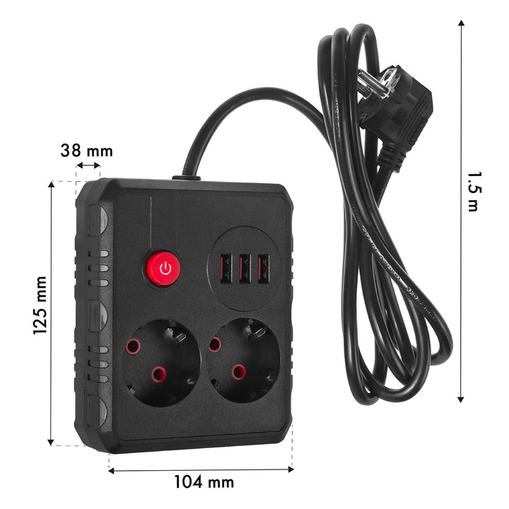 Maclean grenuttag, förlängningskabel 2 uttag + 3xUSB, 110-240V AC 50/60Hz, 2,1A max 2500W, 1,5m, svart, MCE387 B
