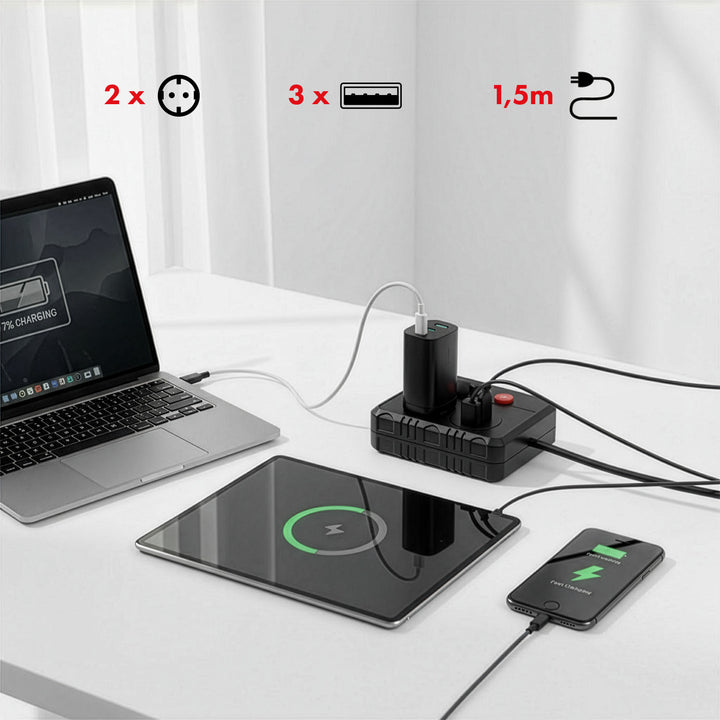 Maclean grenuttag, förlängningskabel 2 uttag + 3xUSB, 110-240V AC 50/60Hz, 2,1A max 2500W, 1,5m, svart, MCE387 B