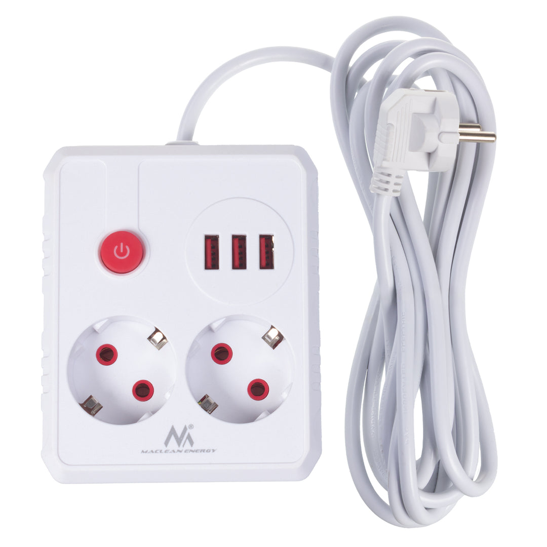 Maclean grenuttag, förlängningskabel 2 uttag + 3xUSB, 110-240V AC 50/60Hz, 2,1A max 2500W, 3 m, vit, MCE388 W