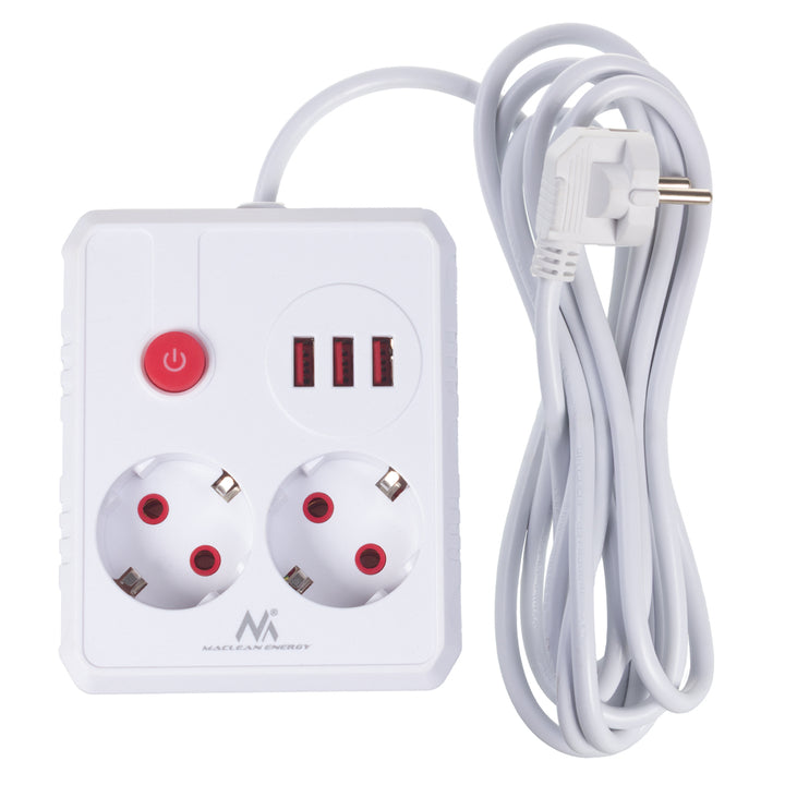 Maclean grenuttag, förlängningskabel 2 uttag + 3xUSB, 110-240V AC 50/60Hz, 2,1A max 2500W, 3 m, vit, MCE388 W
