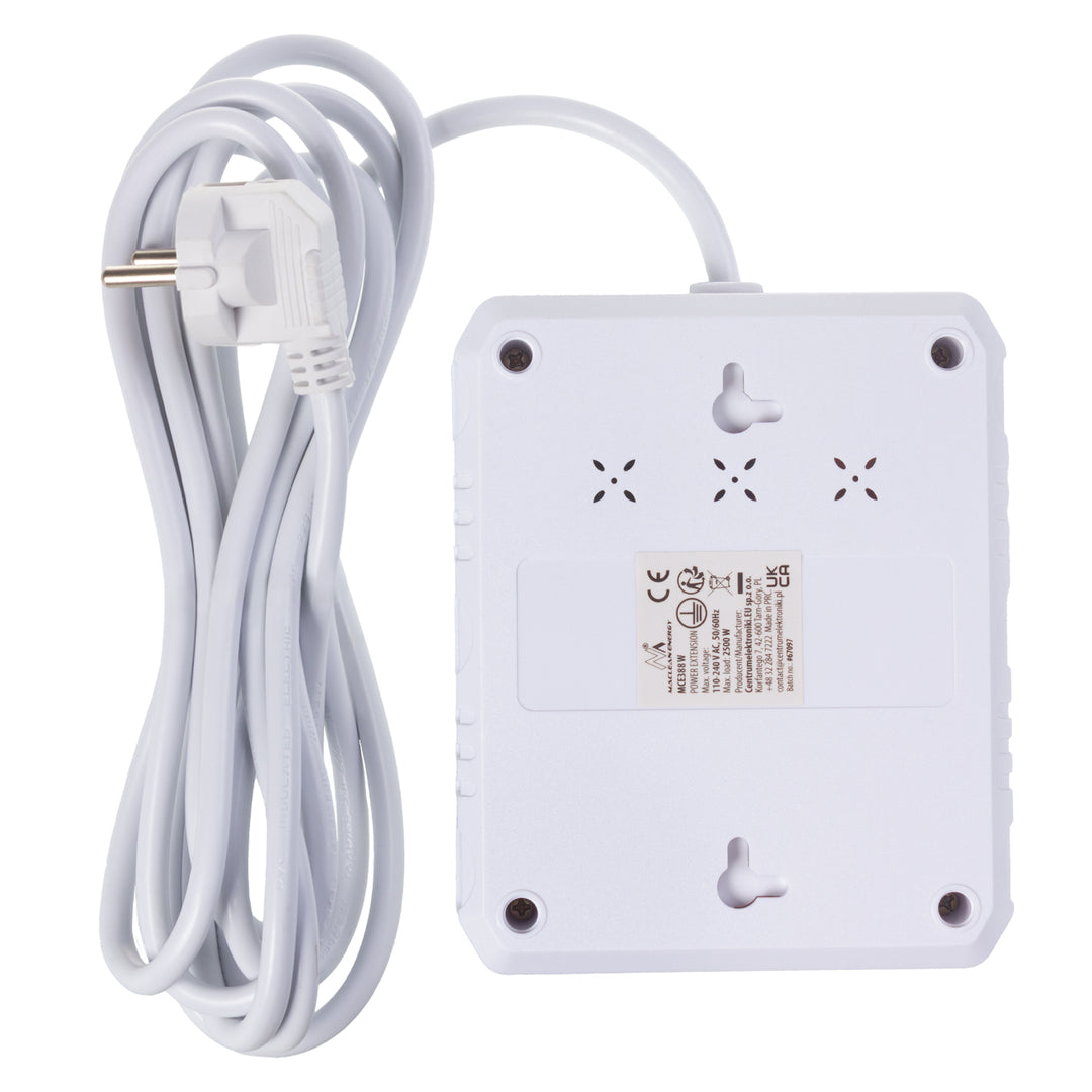 Maclean grenuttag, förlängningskabel 2 uttag + 3xUSB, 110-240V AC 50/60Hz, 2,1A max 2500W, 3 m, vit, MCE388 W
