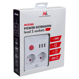 Maclean grenuttag, förlängningskabel 2 uttag + 3xUSB, 110-240V AC 50/60Hz, 2,1A max 2500W, 3 m, vit, MCE388 W