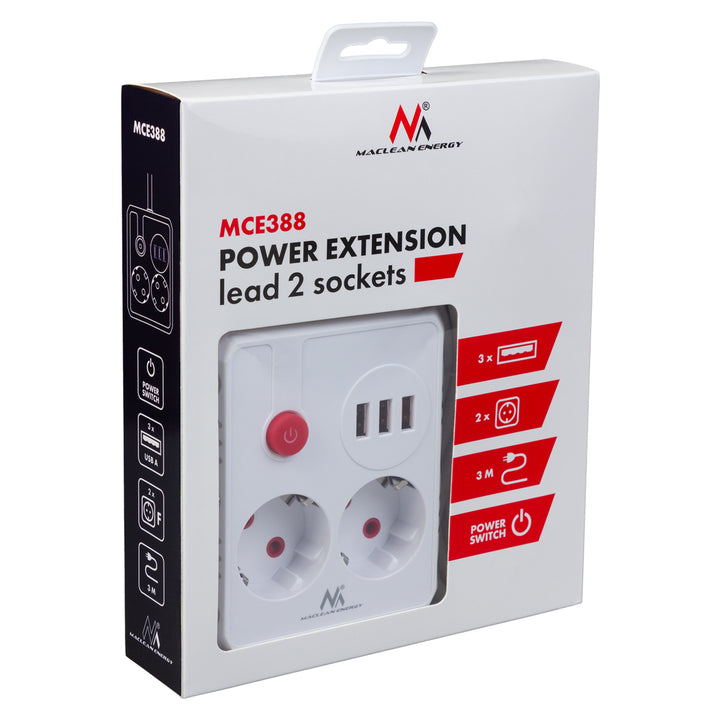 Maclean grenuttag, förlängningskabel 2 uttag + 3xUSB, 110-240V AC 50/60Hz, 2,1A max 2500W, 3 m, vit, MCE388 W