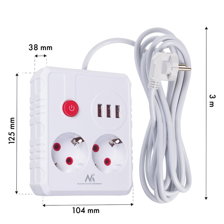 Maclean grenuttag, förlängningskabel 2 uttag + 3xUSB, 110-240V AC 50/60Hz, 2,1A max 2500W, 3 m, vit, MCE388 W