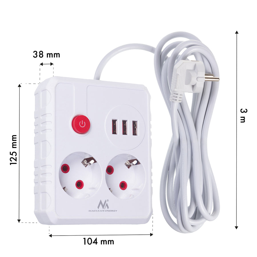 Maclean grenuttag, förlängningskabel 2 uttag + 3xUSB, 110-240V AC 50/60Hz, 2,1A max 2500W, 3 m, vit, MCE388 W