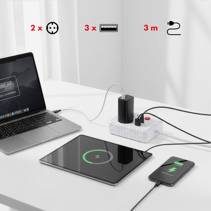 Maclean grenuttag, förlängningskabel 2 uttag + 3xUSB, 110-240V AC 50/60Hz, 2,1A max 2500W, 3 m, vit, MCE388 W
