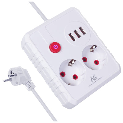 Maclean grenuttag, förlängningskabel 2 uttag + 3xUSB, 110-240V AC 50/60Hz, 2,1A max 2500W, 3 m, vit, MCE388 W