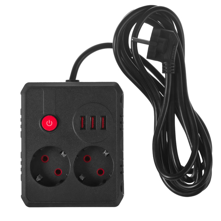 Maclean grenuttag, förlängningskabel 2 uttag + 3xUSB, 110-240V AC 50/60Hz, 2,1A max 2500W, 3 m, svart, MCE388 B