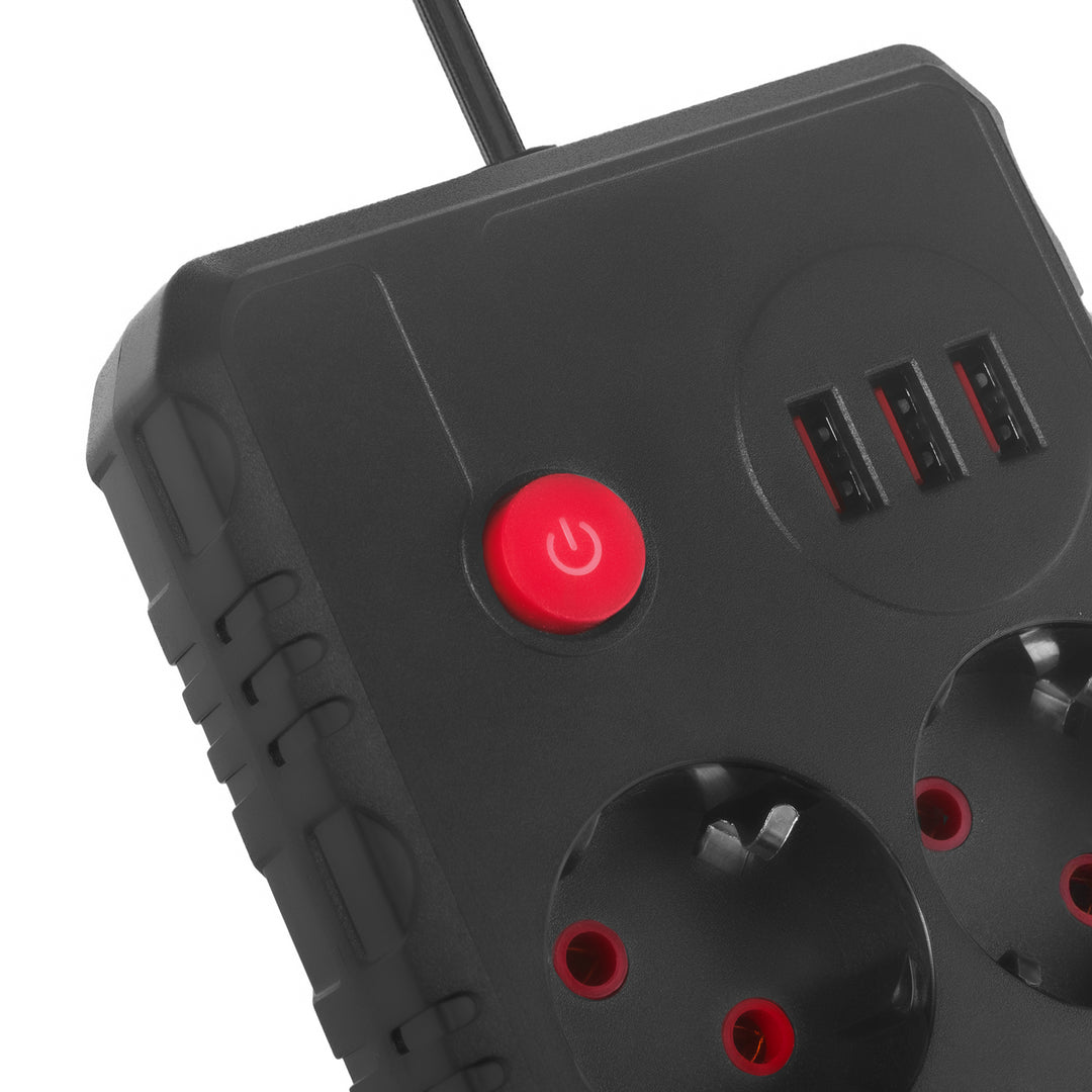 Maclean grenuttag, förlängningskabel 2 uttag + 3xUSB, 110-240V AC 50/60Hz, 2,1A max 2500W, 3 m, svart, MCE388 B