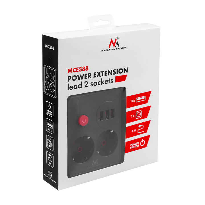 Maclean grenuttag, förlängningskabel 2 uttag + 3xUSB, 110-240V AC 50/60Hz, 2,1A max 2500W, 3 m, svart, MCE388 B