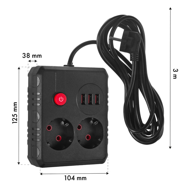Maclean grenuttag, förlängningskabel 2 uttag + 3xUSB, 110-240V AC 50/60Hz, 2,1A max 2500W, 3 m, svart, MCE388 B