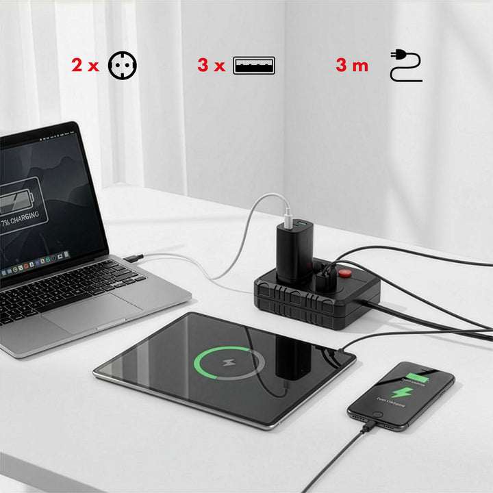 Maclean grenuttag, förlängningskabel 2 uttag + 3xUSB, 110-240V AC 50/60Hz, 2,1A max 2500W, 3 m, svart, MCE388 B