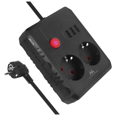 Maclean grenuttag, förlängningskabel 2 uttag + 3xUSB, 110-240V AC 50/60Hz, 2,1A max 2500W, 3 m, svart, MCE388 B
