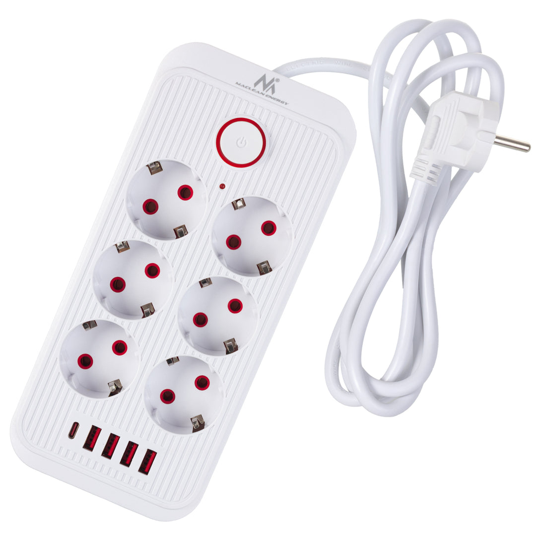 Maclean grenuttag, förlängningskabel 6 uttag + 4xUSB, 110-240V AC 50/60Hz, 2,1A max 2500W, 1,5 m, vit, MCE389 W