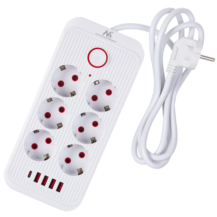 Maclean grenuttag, förlängningskabel 6 uttag + 4xUSB, 110-240V AC 50/60Hz, 2,1A max 2500W, 1,5 m, vit, MCE389 W