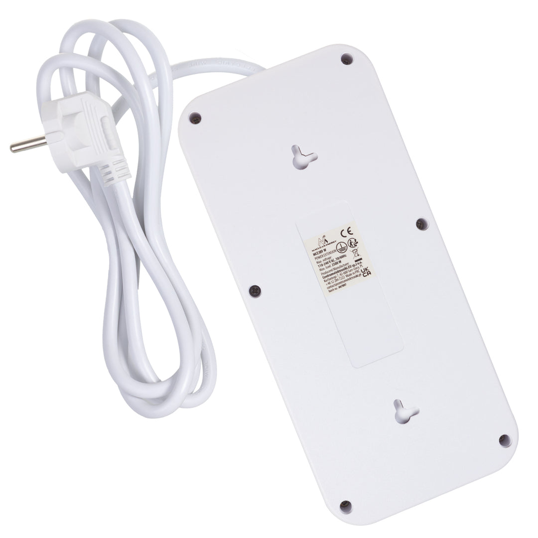 Maclean grenuttag, förlängningskabel 6 uttag + 4xUSB, 110-240V AC 50/60Hz, 2,1A max 2500W, 1,5 m, vit, MCE389 W
