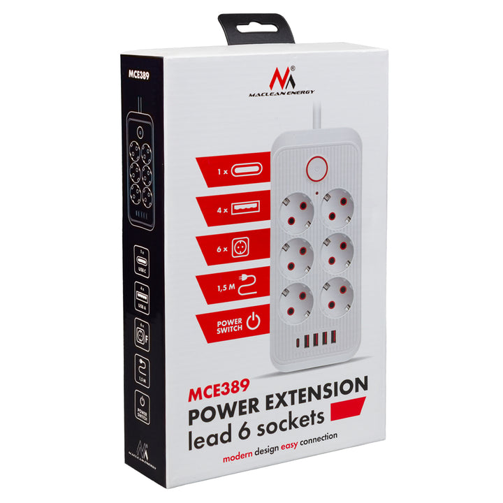 Maclean grenuttag, förlängningskabel 6 uttag + 4xUSB, 110-240V AC 50/60Hz, 2,1A max 2500W, 1,5 m, vit, MCE389 W