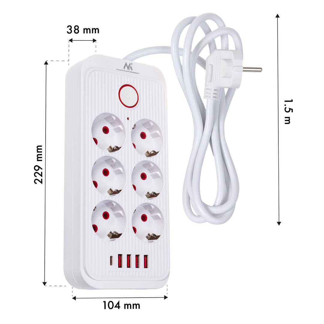 Maclean grenuttag, förlängningskabel 6 uttag + 4xUSB, 110-240V AC 50/60Hz, 2,1A max 2500W, 1,5 m, vit, MCE389 W