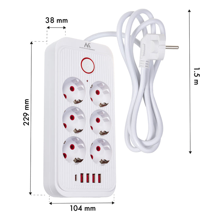 Maclean grenuttag, förlängningskabel 6 uttag + 4xUSB, 110-240V AC 50/60Hz, 2,1A max 2500W, 1,5 m, vit, MCE389 W