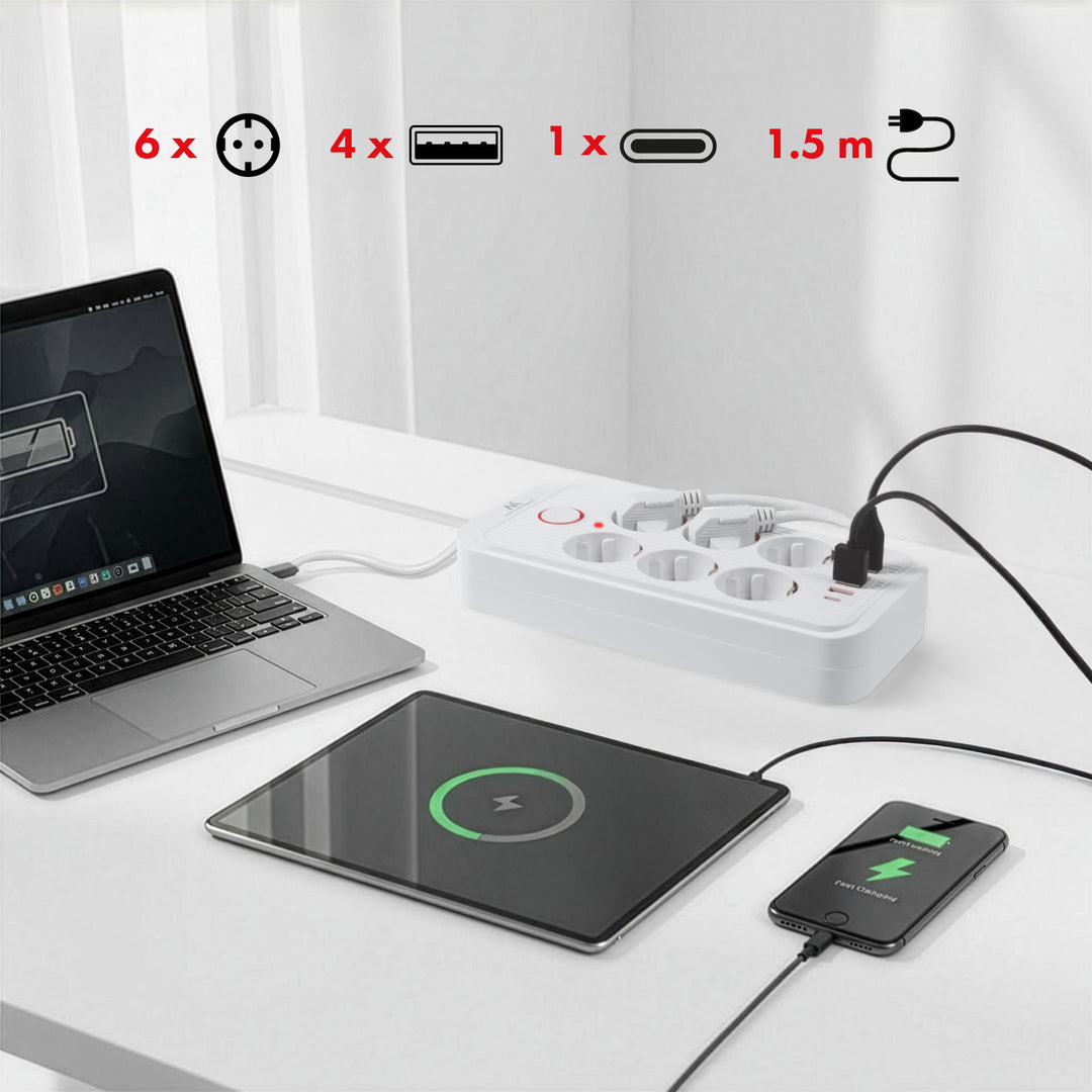 Maclean grenuttag, förlängningskabel 6 uttag + 4xUSB, 110-240V AC 50/60Hz, 2,1A max 2500W, 1,5 m, vit, MCE389 W