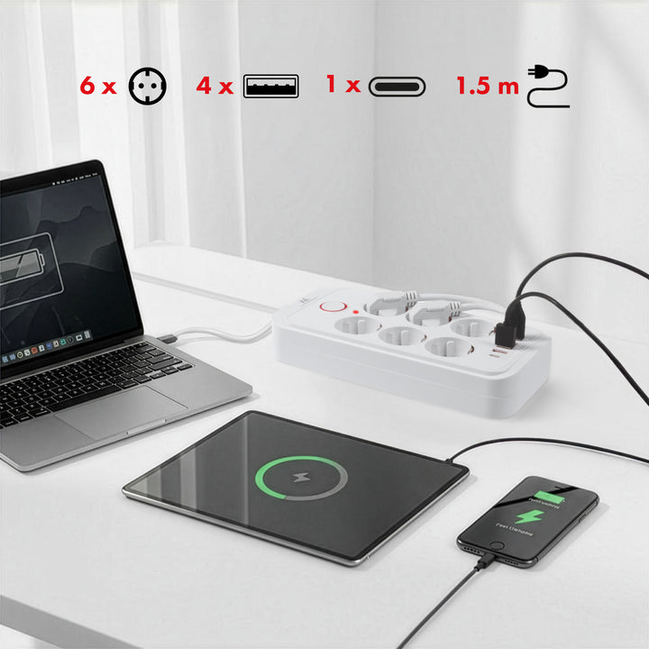 Maclean grenuttag, förlängningskabel 6 uttag + 4xUSB, 110-240V AC 50/60Hz, 2,1A max 2500W, 1,5 m, vit, MCE389 W