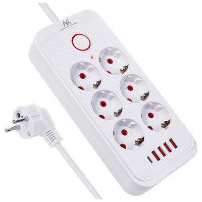 Maclean grenuttag, förlängningskabel 6 uttag + 4xUSB, 110-240V AC 50/60Hz, 2,1A max 2500W, 1,5 m, vit, MCE389 W