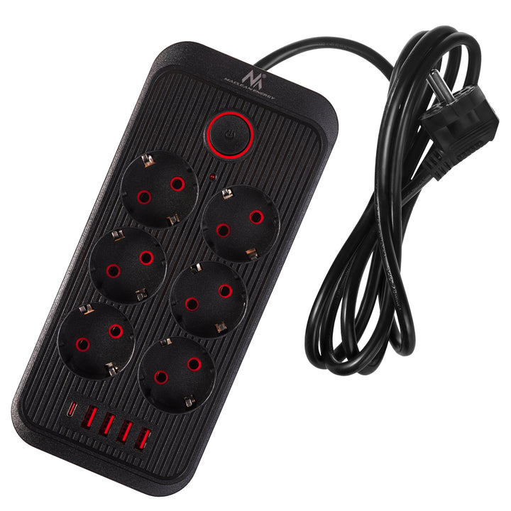 Maclean grenuttag, förlängningskabel 6 uttag + 4xUSB, 110-240V AC 50/60Hz, 2,1A max 2500W, 1,5 m, svart, MCE389 B