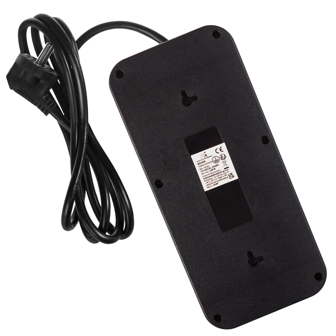 Maclean grenuttag, förlängningskabel 6 uttag + 4xUSB, 110-240V AC 50/60Hz, 2,1A max 2500W, 1,5 m, svart, MCE389 B