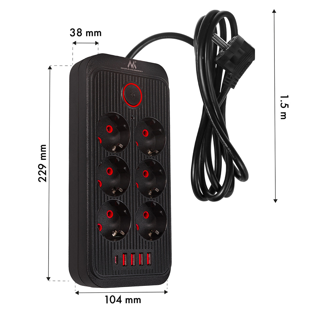 Maclean grenuttag, förlängningskabel 6 uttag + 4xUSB, 110-240V AC 50/60Hz, 2,1A max 2500W, 1,5 m, svart, MCE389 B