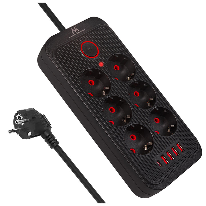 Maclean grenuttag, förlängningskabel 6 uttag + 4xUSB, 110-240V AC 50/60Hz, 2,1A max 2500W, 1,5 m, svart, MCE389 B
