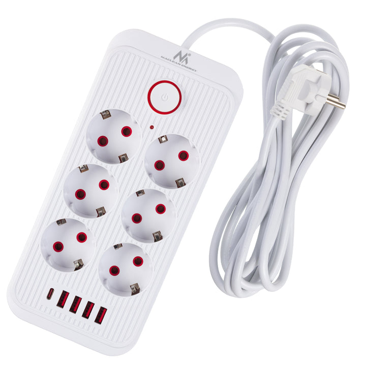 Maclean grenuttag, 6 uttag förlängningskabel + 4xUSB, 110-240V AC 50/60Hz, 2.1A max 2500W, 3m, vit, MCE391 W