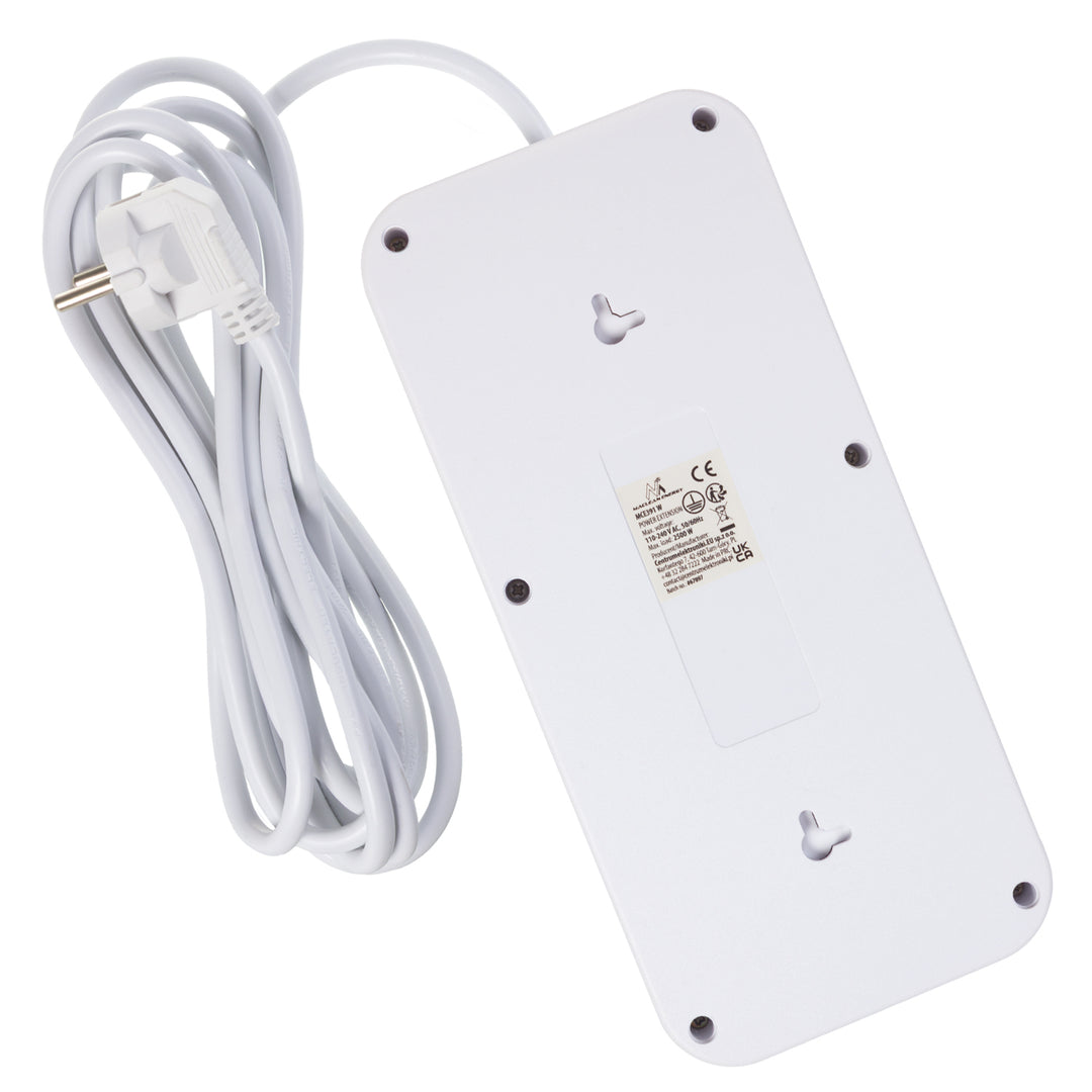 Maclean grenuttag, 6 uttag förlängningskabel + 4xUSB, 110-240V AC 50/60Hz, 2.1A max 2500W, 3m, vit, MCE391 W