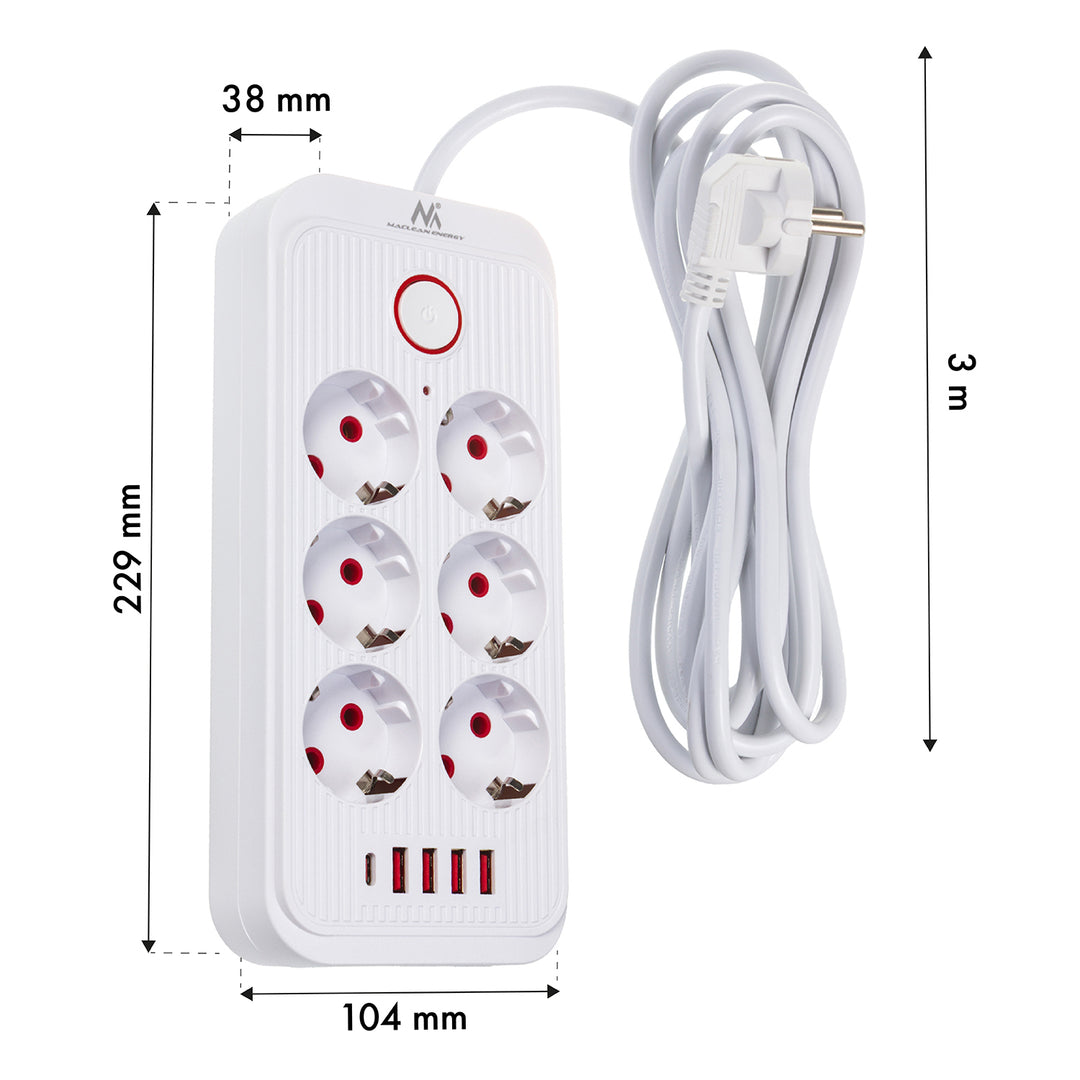 Maclean grenuttag, 6 uttag förlängningskabel + 4xUSB, 110-240V AC 50/60Hz, 2.1A max 2500W, 3m, vit, MCE391 W