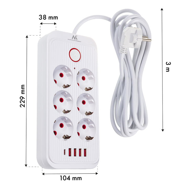 Maclean grenuttag, 6 uttag förlängningskabel + 4xUSB, 110-240V AC 50/60Hz, 2.1A max 2500W, 3m, vit, MCE391 W