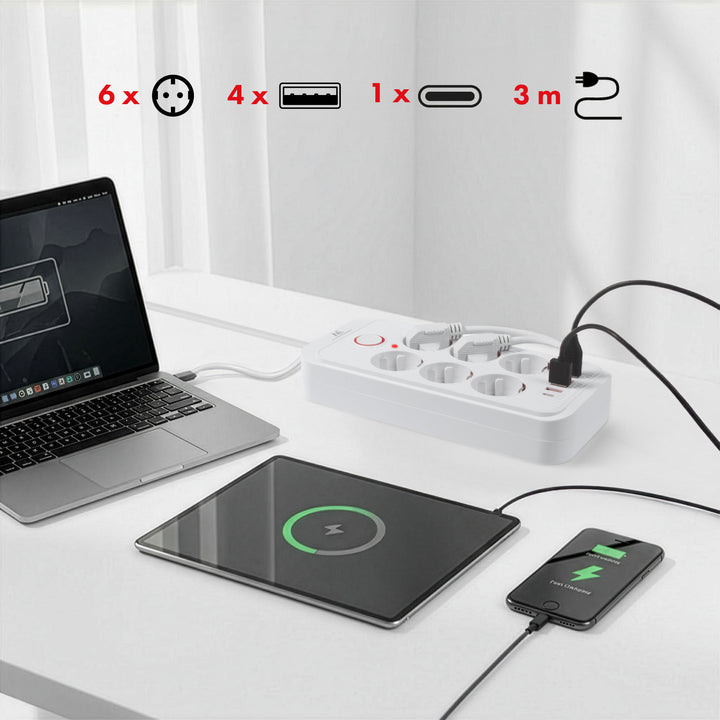 Maclean grenuttag, 6 uttag förlängningskabel + 4xUSB, 110-240V AC 50/60Hz, 2.1A max 2500W, 3m, vit, MCE391 W