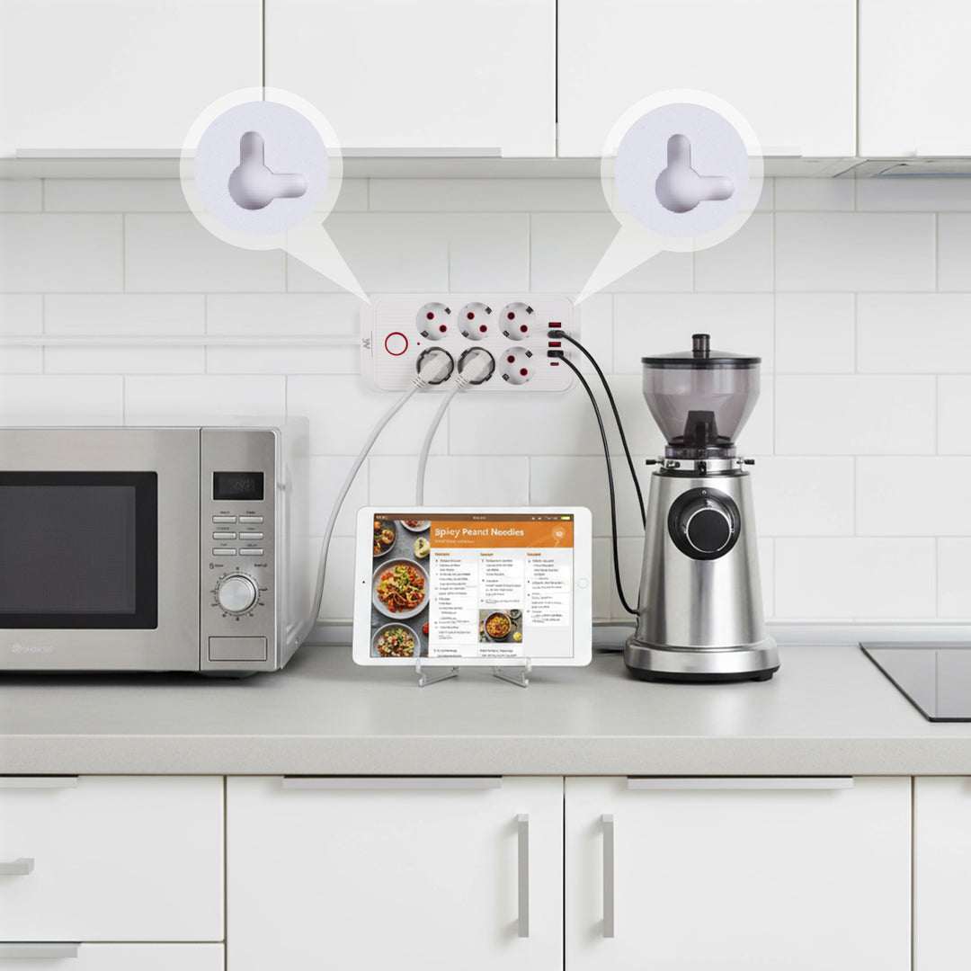 Maclean grenuttag, 6 uttag förlängningskabel + 4xUSB, 110-240V AC 50/60Hz, 2.1A max 2500W, 3m, vit, MCE391 W