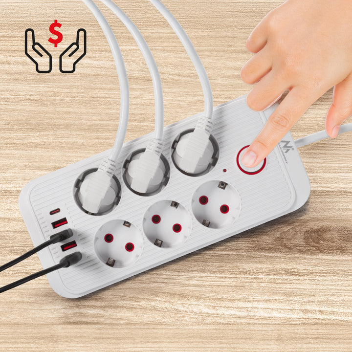 Maclean grenuttag, 6 uttag förlängningskabel + 4xUSB, 110-240V AC 50/60Hz, 2.1A max 2500W, 3m, vit, MCE391 W