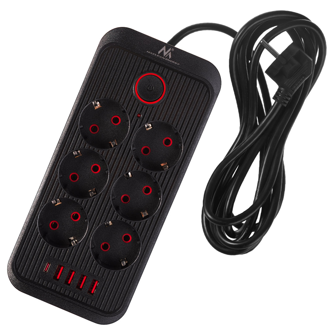 Maclean grenuttag, 6-facks förlängningskabel + 4xUSB, 110-240V AC 50/60Hz, 2.1A max 2500W, 3m, svart, MCE391 B
