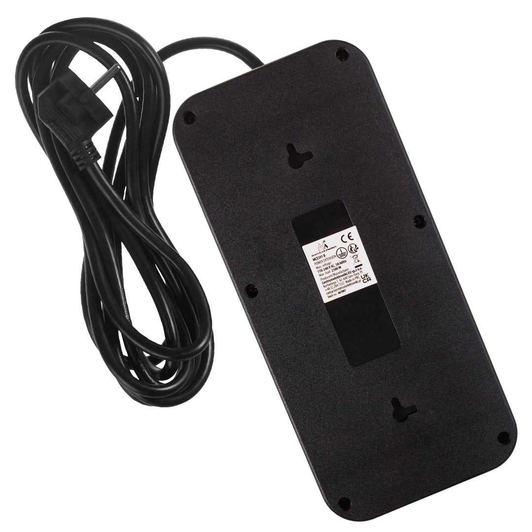 Maclean grenuttag, 6-facks förlängningskabel + 4xUSB, 110-240V AC 50/60Hz, 2.1A max 2500W, 3m, svart, MCE391 B