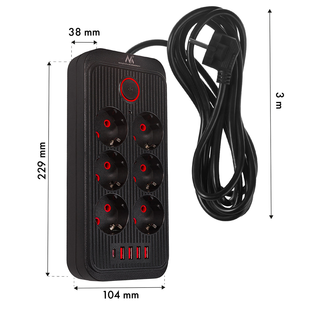 Maclean grenuttag, 6-facks förlängningskabel + 4xUSB, 110-240V AC 50/60Hz, 2.1A max 2500W, 3m, svart, MCE391 B
