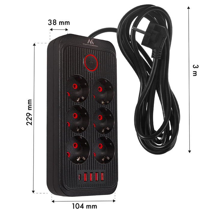 Maclean grenuttag, 6-facks förlängningskabel + 4xUSB, 110-240V AC 50/60Hz, 2.1A max 2500W, 3m, svart, MCE391 B