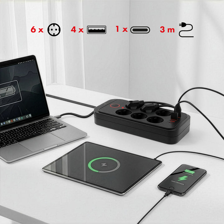 Maclean grenuttag, 6-facks förlängningskabel + 4xUSB, 110-240V AC 50/60Hz, 2.1A max 2500W, 3m, svart, MCE391 B