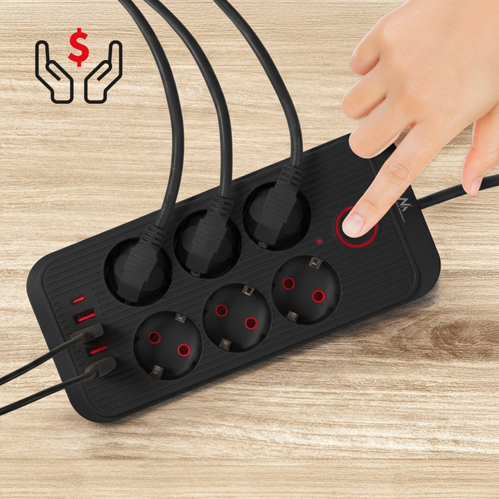 Maclean grenuttag, 6-facks förlängningskabel + 4xUSB, 110-240V AC 50/60Hz, 2.1A max 2500W, 3m, svart, MCE391 B