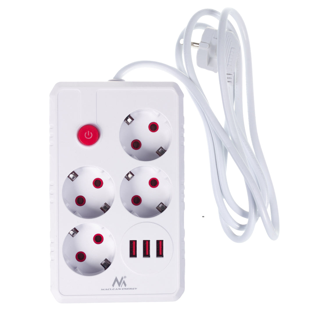 Maclean grenuttag, förlängningskabel 4 uttag + 3xUSB, 110-240V AC 50/60Hz, 2,1A max 2500W, 1,5m, vit, MCE392 W