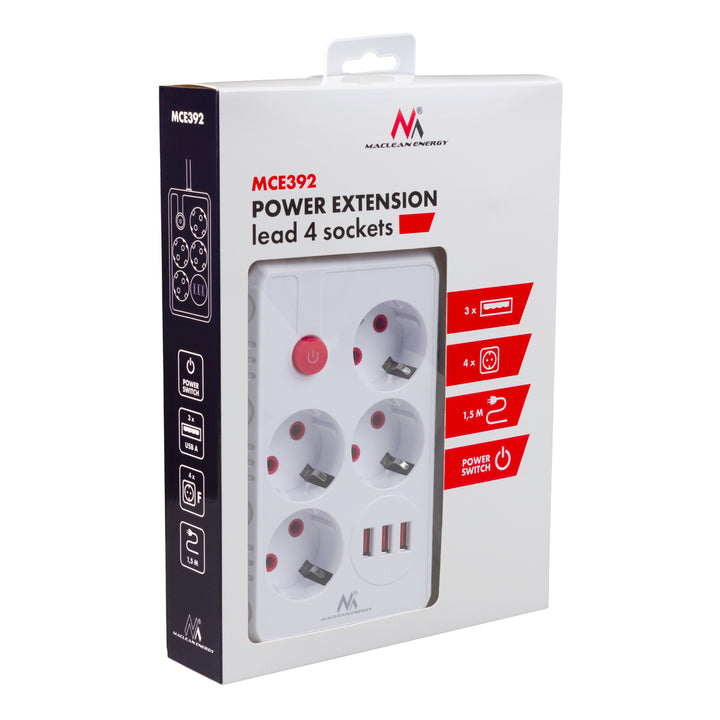 Maclean grenuttag, förlängningskabel 4 uttag + 3xUSB, 110-240V AC 50/60Hz, 2,1A max 2500W, 1,5m, vit, MCE392 W
